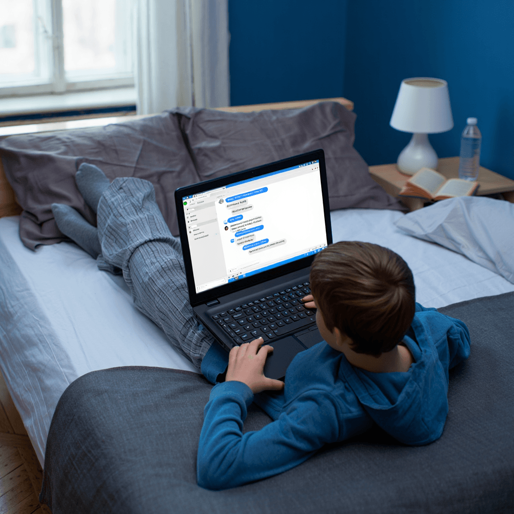 Teen in bed with laptop